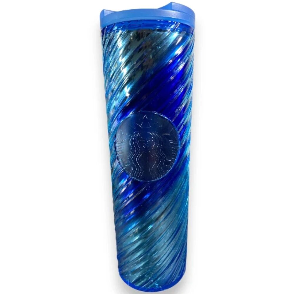 STARBUCKS Holiday 2023 Iridescent Icicle Ribbon Swirl Blue Sip Tumbler 16oz
